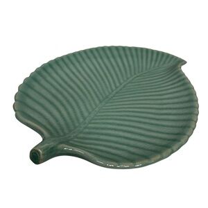 VTG  Japanese Ceramic Celadon Crackle Glaze Contoured Leaf Green Trinket Dish